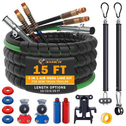 15 FT Semi Truck Air Lines Kit with 2 Pcs Tender Spring Kit and Glad Hands with Gladhand Holder & Handles 3IN1 Trailer Cord and Air Hoses Kit for Truck Trailer Tractor