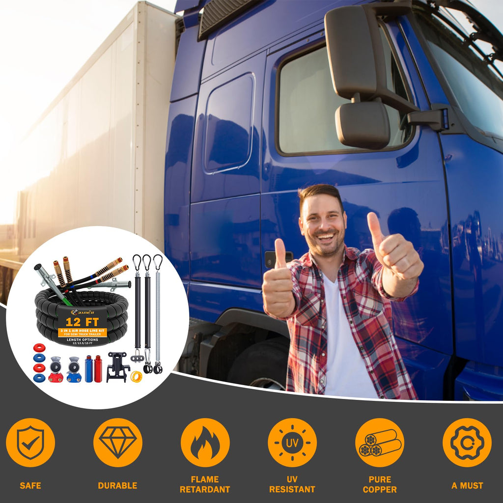 15 FT Semi Truck Air Lines Kit with 2 Pcs Tender Spring Kit and Glad Hands with Gladhand Holder & Handles 3IN1 Trailer Cord and Air Hoses Kit for Truck Trailer Tractor