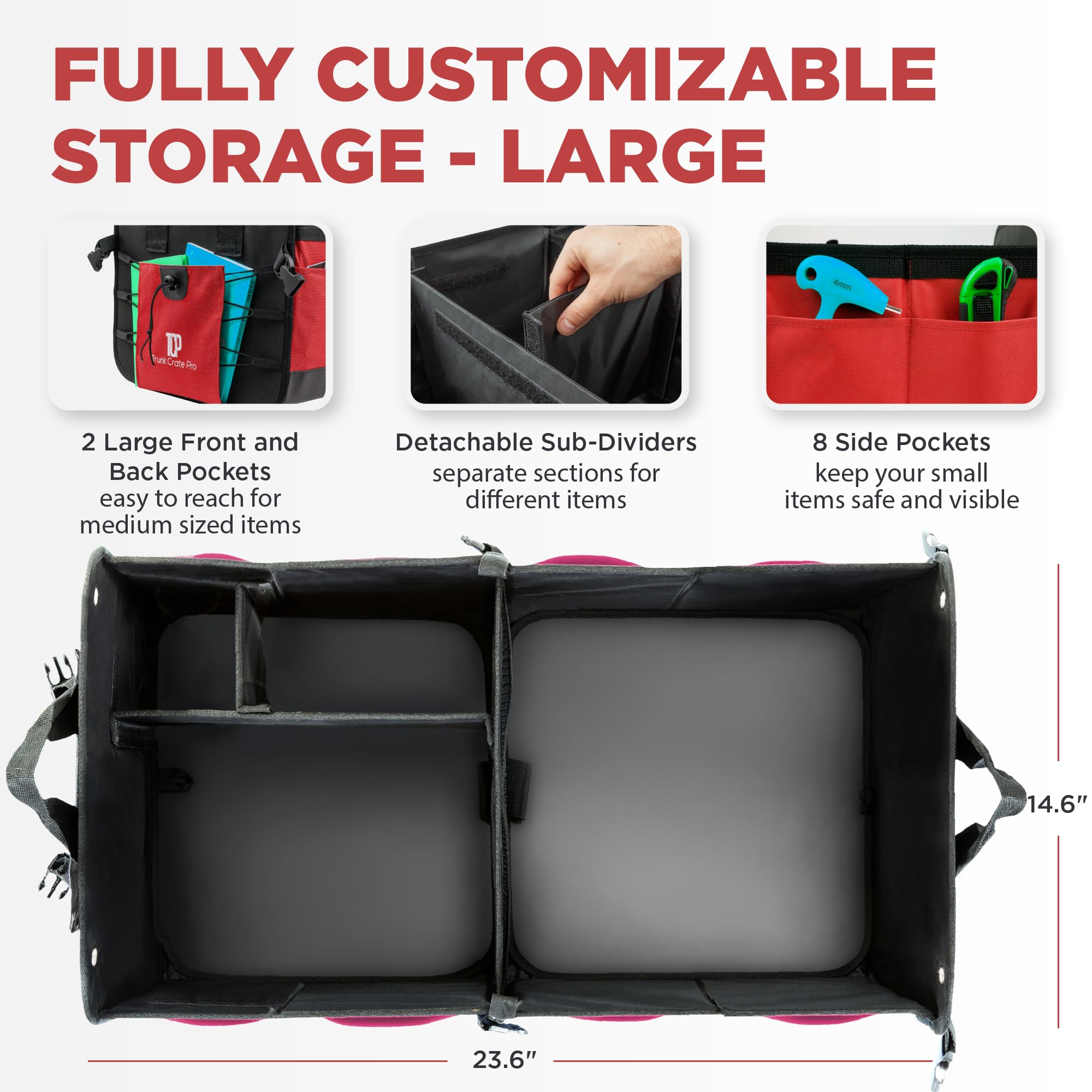 TRUNKCRATEPRO XL Heavy-Duty Trunk Organizer – Reinforced SUV & Truck Cargo Storage with 6 Adjustable Compartments, Non-Slip Base & Securing Straps (Foldable Design, Grey)