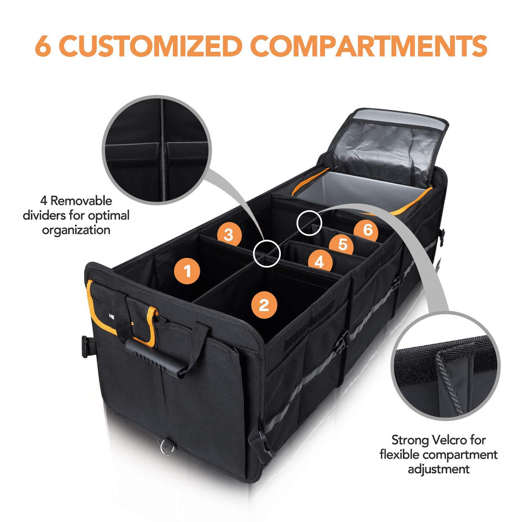 HEYTRIP Large Trunk Organizer With Built-in Leakproof Cooler Bag, 2 Tie-Down Straps, 4 Removable Dividers, Foldable Cover, Built with 2mm PE Board
