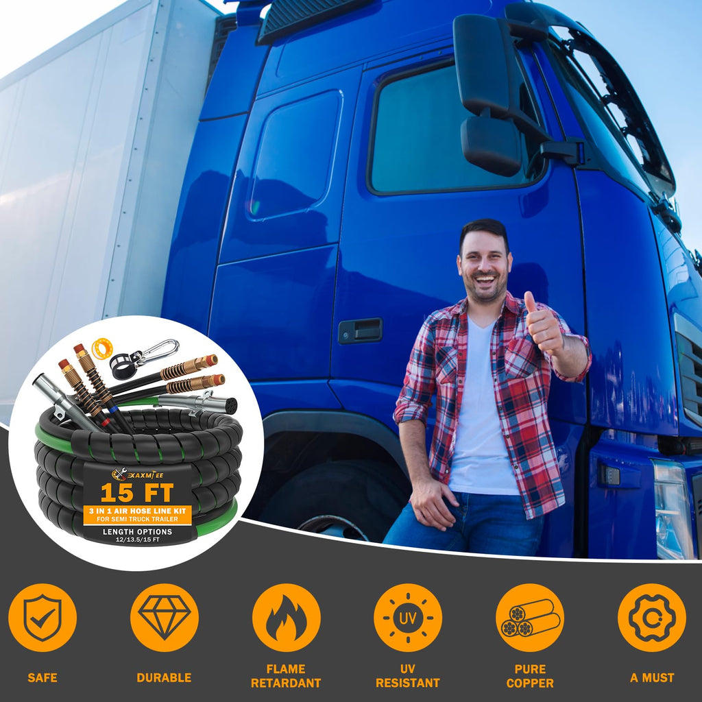 15 FT Semi Truck Air Lines Kit with 2 Pcs Tender Spring Kit and Glad Hands with Gladhand Holder & Handles 3IN1 Trailer Cord and Air Hoses Kit for Truck Trailer Tractor