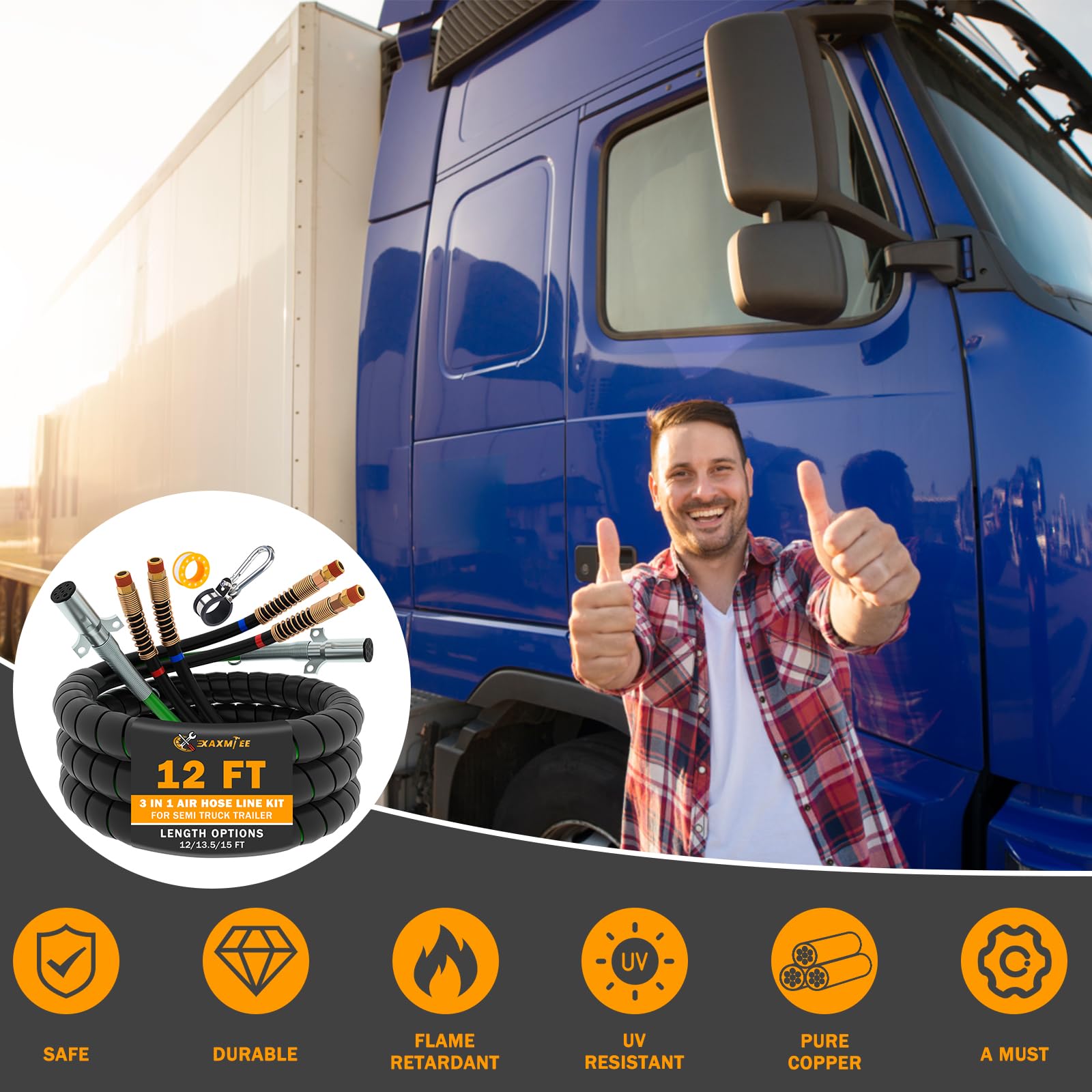 15 FT Semi Truck Air Lines Kit with 2 Pcs Tender Spring Kit and Glad Hands with Gladhand Holder & Handles 3IN1 Trailer Cord and Air Hoses Kit for Truck Trailer Tractor