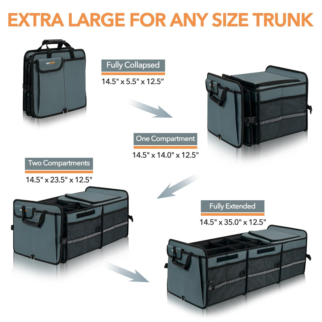HEYTRIP Large Trunk Organizer With Built-in Leakproof Cooler Bag, 2 Tie-Down Straps, 4 Removable Dividers, Foldable Cover, Built with 2mm PE Board
