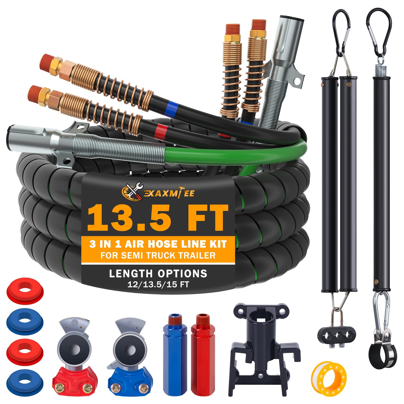 15 FT Semi Truck Air Lines Kit with 2 Pcs Tender Spring Kit and Glad Hands with Gladhand Holder & Handles 3IN1 Trailer Cord and Air Hoses Kit for Truck Trailer Tractor