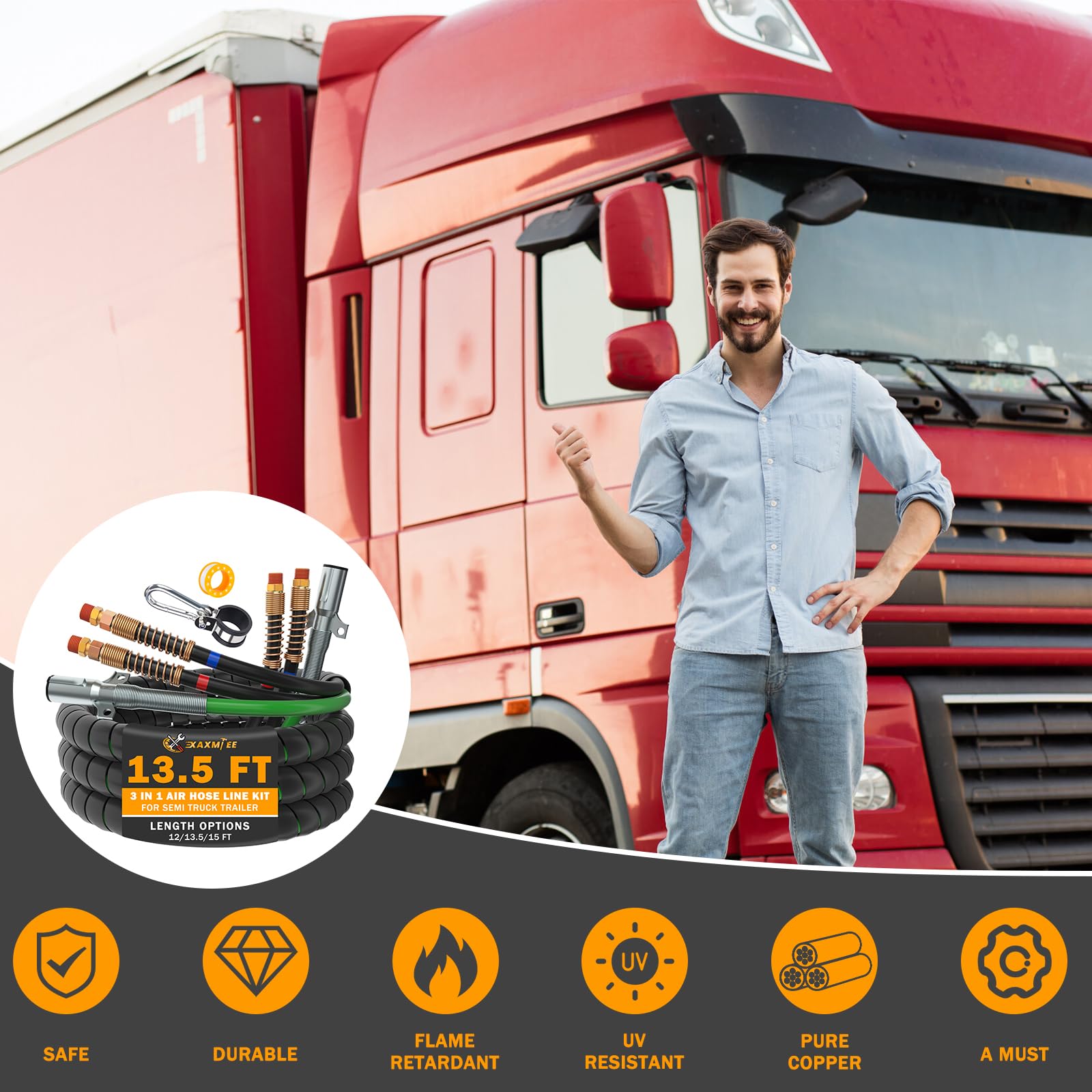 15 FT Semi Truck Air Lines Kit with 2 Pcs Tender Spring Kit and Glad Hands with Gladhand Holder & Handles 3IN1 Trailer Cord and Air Hoses Kit for Truck Trailer Tractor