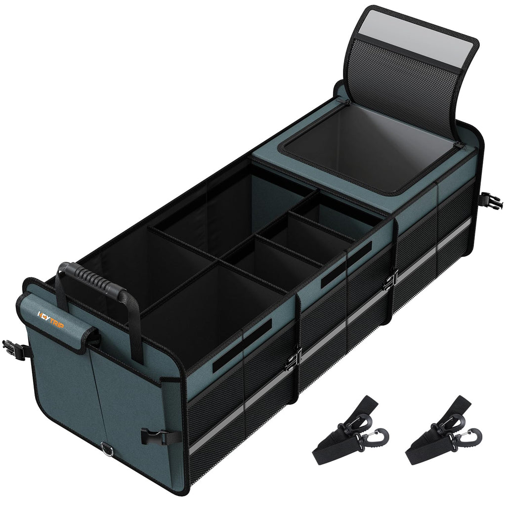 HEYTRIP Large Trunk Organizer With Built-in Leakproof Cooler Bag, 2 Tie-Down Straps, 4 Removable Dividers, Foldable Cover, Built with 2mm PE Board