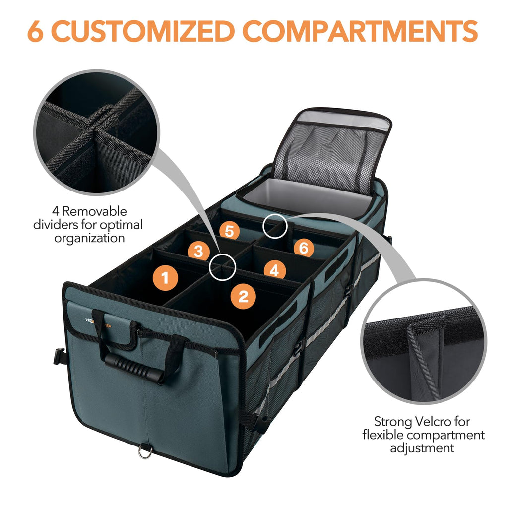 HEYTRIP Large Trunk Organizer With Built-in Leakproof Cooler Bag, 2 Tie-Down Straps, 4 Removable Dividers, Foldable Cover, Built with 2mm PE Board