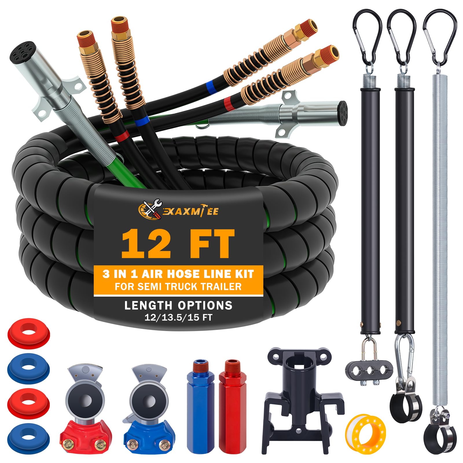 15 FT Semi Truck Air Lines Kit with 2 Pcs Tender Spring Kit and Glad Hands with Gladhand Holder & Handles 3IN1 Trailer Cord and Air Hoses Kit for Truck Trailer Tractor