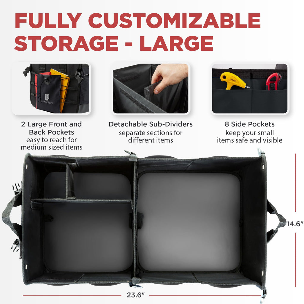 TRUNKCRATEPRO XL Heavy-Duty Trunk Organizer – Reinforced SUV & Truck Cargo Storage with 6 Adjustable Compartments, Non-Slip Base & Securing Straps (Foldable Design, Grey)