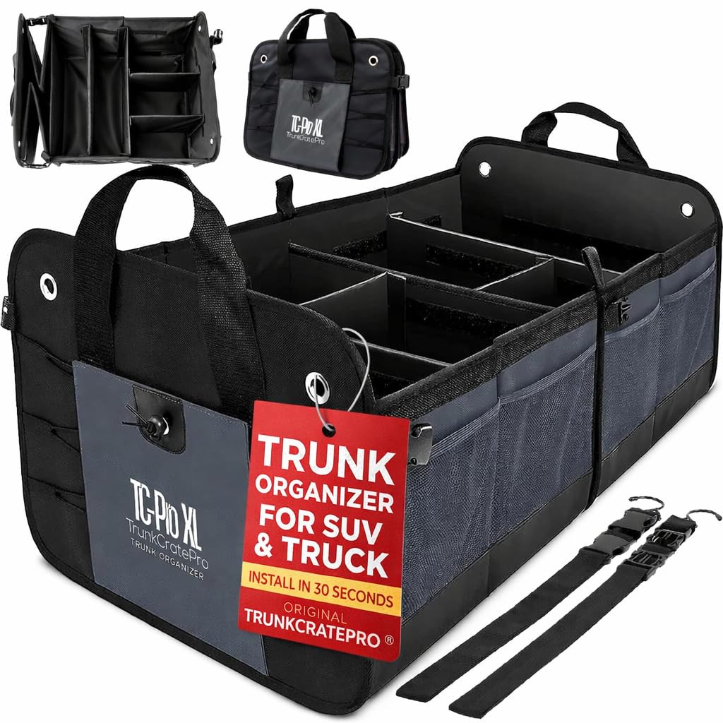 TRUNKCRATEPRO XL Heavy-Duty Trunk Organizer – Reinforced SUV & Truck Cargo Storage with 6 Adjustable Compartments, Non-Slip Base & Securing Straps (Foldable Design, Grey)