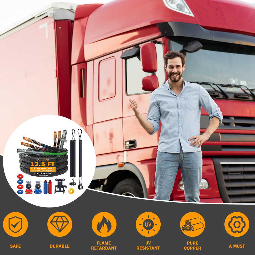 15 FT Semi Truck Air Lines Kit with 2 Pcs Tender Spring Kit and Glad Hands with Gladhand Holder & Handles 3IN1 Trailer Cord and Air Hoses Kit for Truck Trailer Tractor