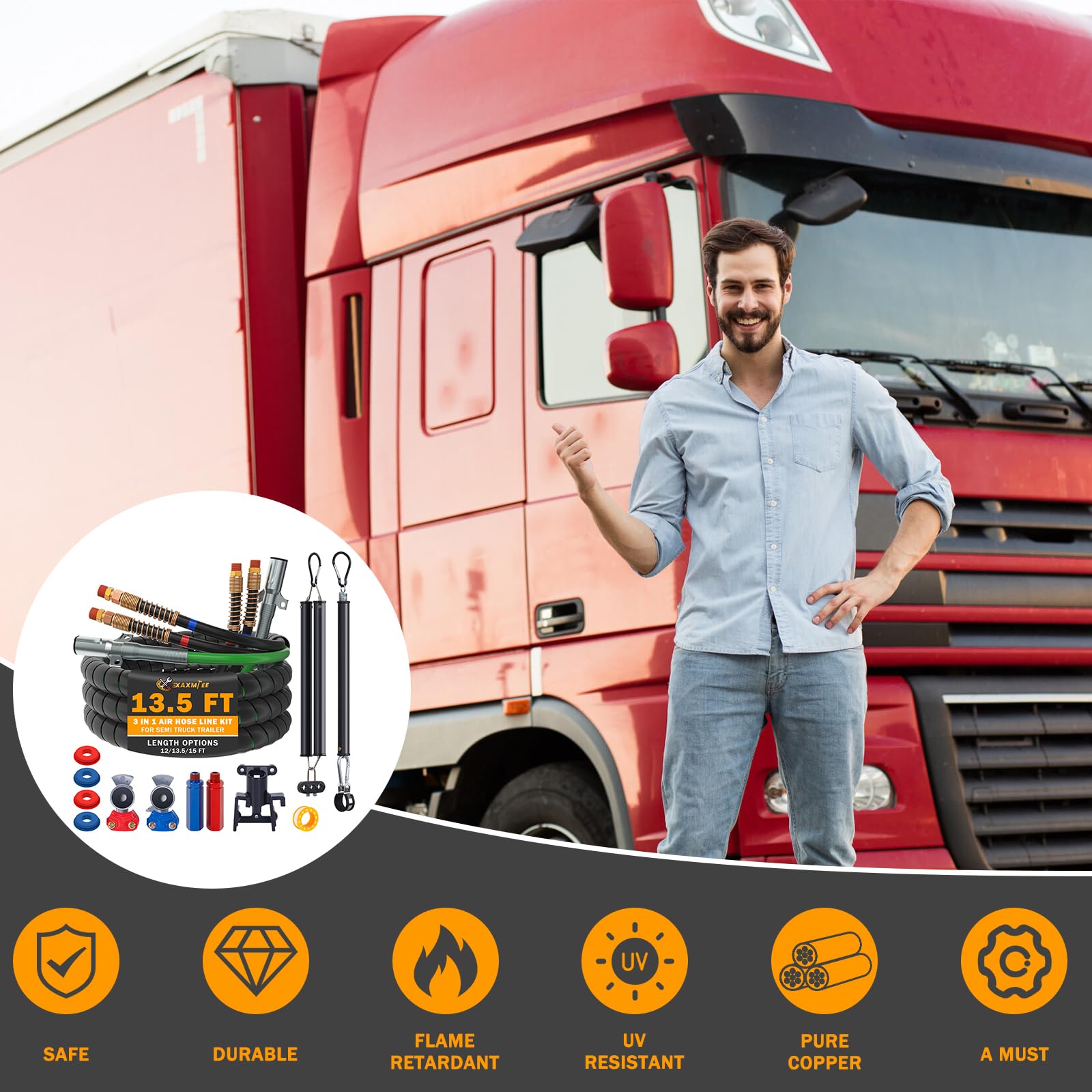 15 FT Semi Truck Air Lines Kit with 2 Pcs Tender Spring Kit and Glad Hands with Gladhand Holder & Handles 3IN1 Trailer Cord and Air Hoses Kit for Truck Trailer Tractor