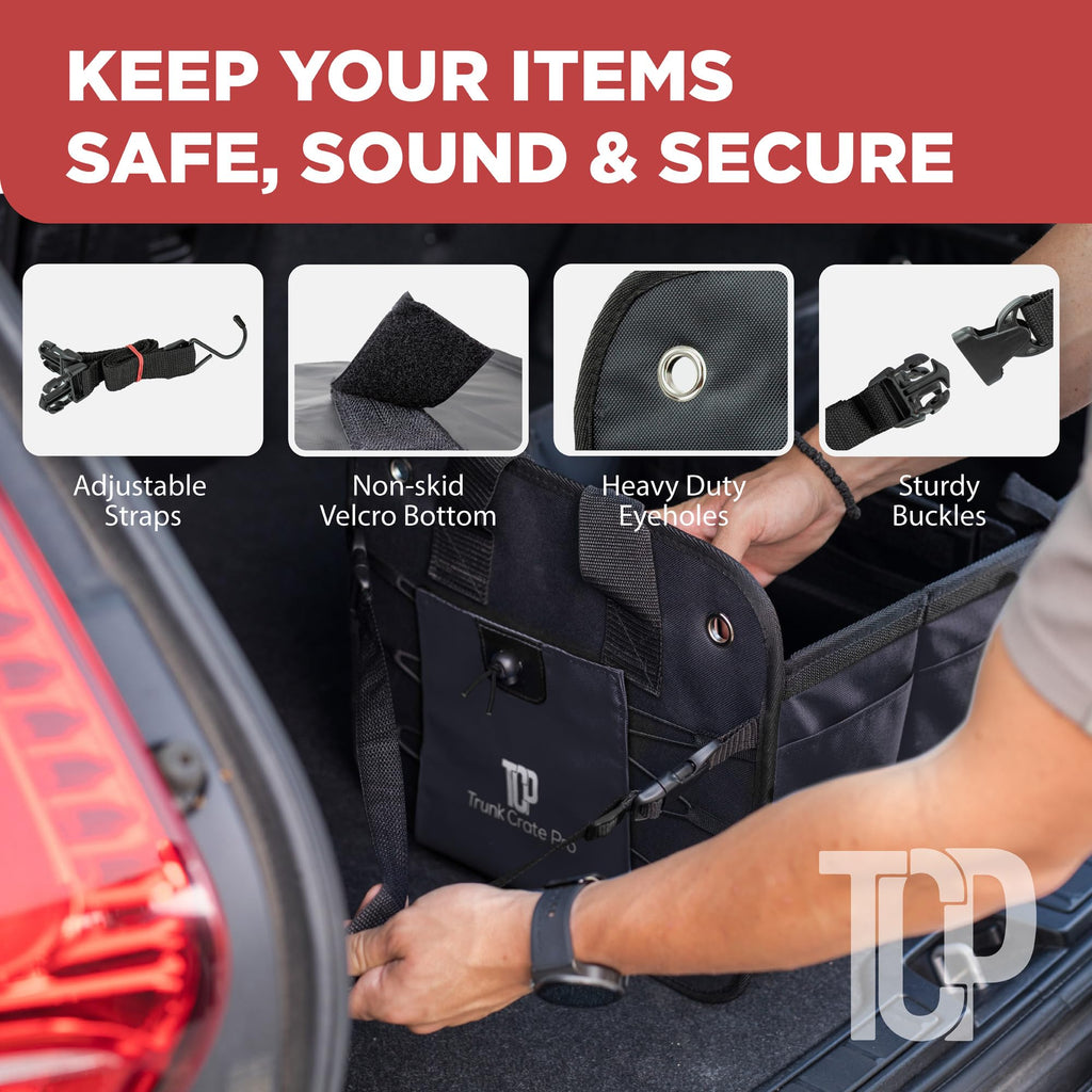 TRUNKCRATEPRO XL Heavy-Duty Trunk Organizer – Reinforced SUV & Truck Cargo Storage with 6 Adjustable Compartments, Non-Slip Base & Securing Straps (Foldable Design, Grey)