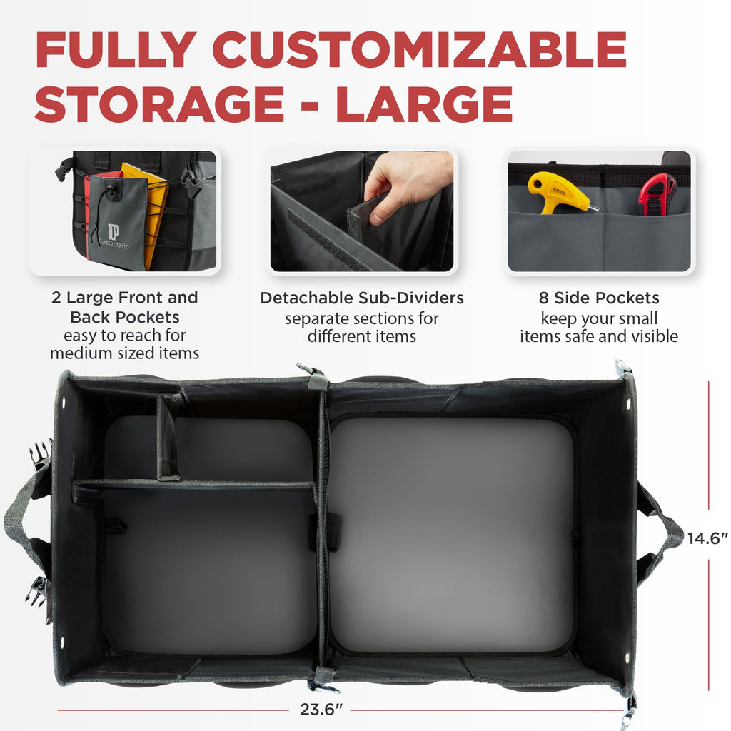 TRUNKCRATEPRO XL Heavy-Duty Trunk Organizer – Reinforced SUV & Truck Cargo Storage with 6 Adjustable Compartments, Non-Slip Base & Securing Straps (Foldable Design, Grey)
