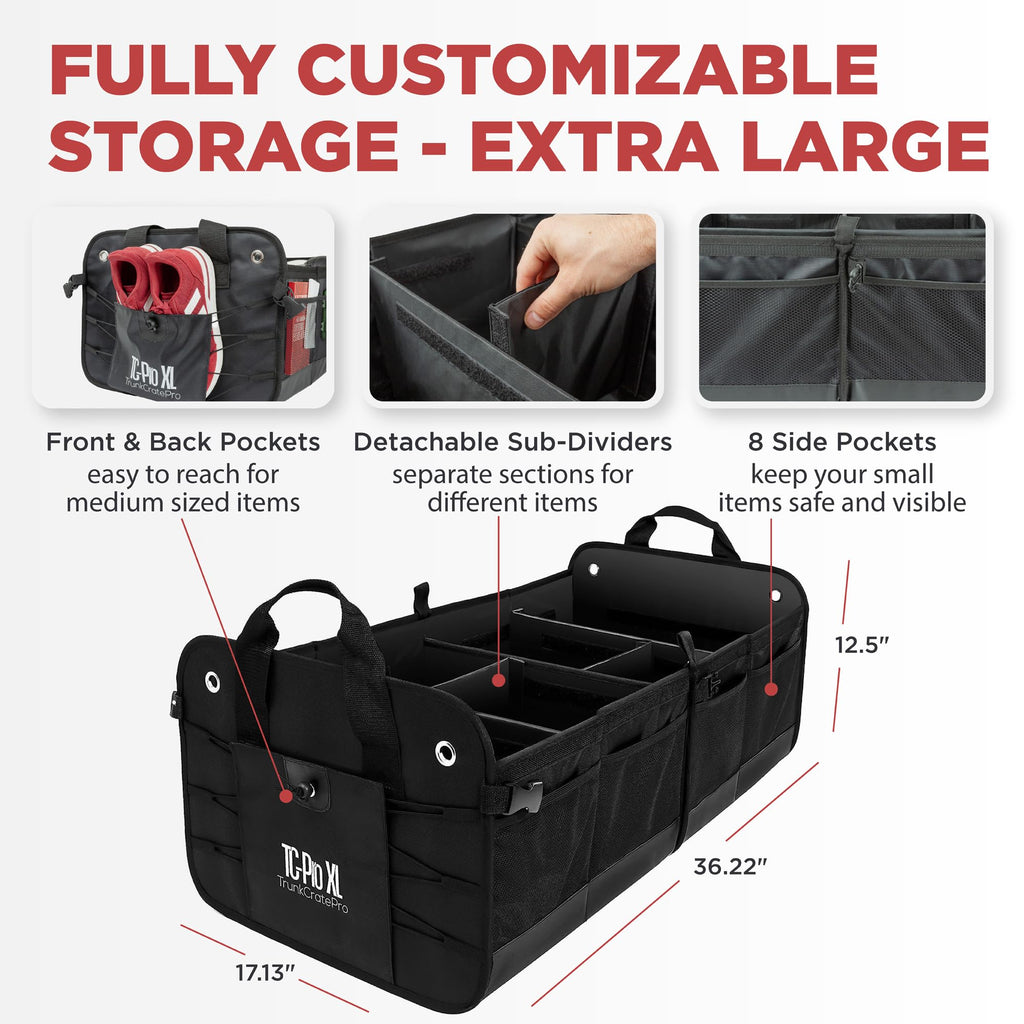 TRUNKCRATEPRO XL Heavy-Duty Trunk Organizer – Reinforced SUV & Truck Cargo Storage with 6 Adjustable Compartments, Non-Slip Base & Securing Straps (Foldable Design, Grey)