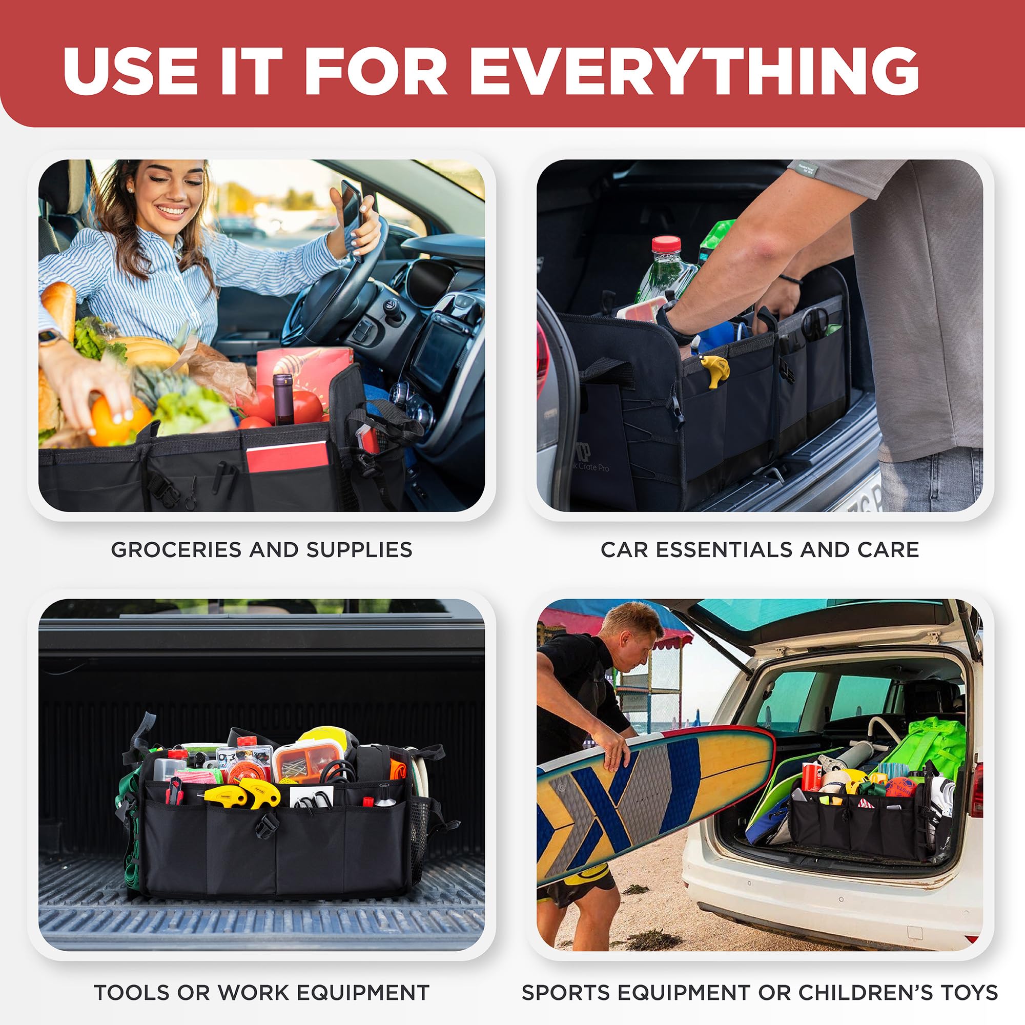 TRUNKCRATEPRO XL Heavy-Duty Trunk Organizer – Reinforced SUV & Truck Cargo Storage with 6 Adjustable Compartments, Non-Slip Base & Securing Straps (Foldable Design, Grey)