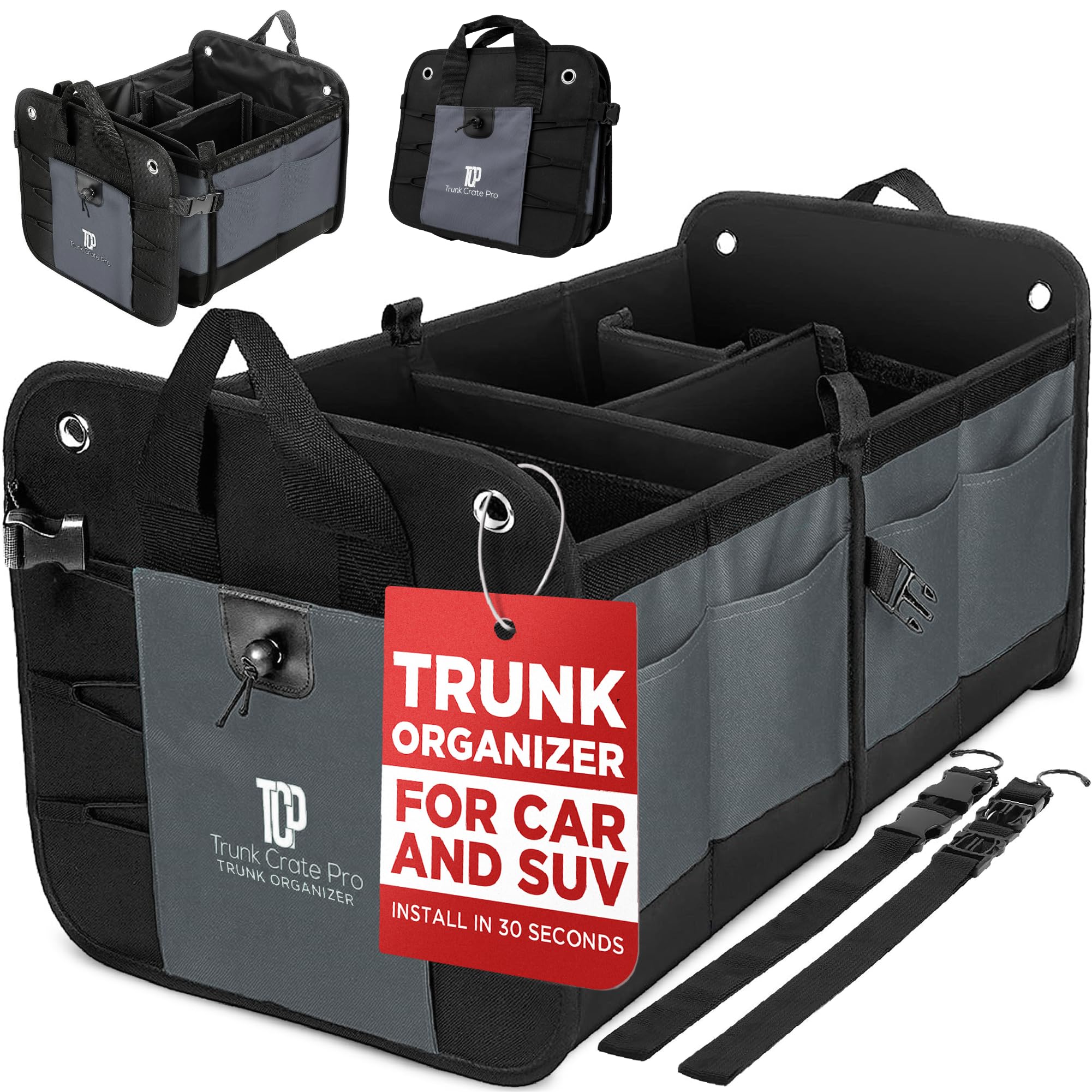TRUNKCRATEPRO XL Heavy-Duty Trunk Organizer – Reinforced SUV & Truck Cargo Storage with 6 Adjustable Compartments, Non-Slip Base & Securing Straps (Foldable Design, Grey)