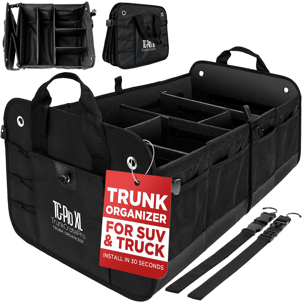 TRUNKCRATEPRO XL Heavy-Duty Trunk Organizer – Reinforced SUV & Truck Cargo Storage with 6 Adjustable Compartments, Non-Slip Base & Securing Straps (Foldable Design, Grey)