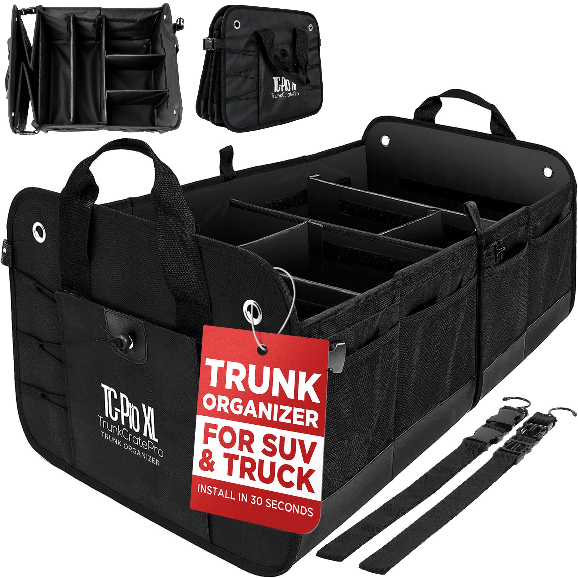 TRUNKCRATEPRO XL Heavy-Duty Trunk Organizer – Reinforced SUV & Truck Cargo Storage with 6 Adjustable Compartments, Non-Slip Base & Securing Straps (Foldable Design, Grey)