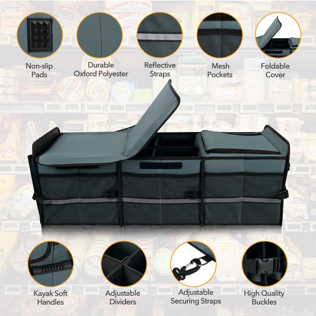 HEYTRIP Large Trunk Organizer With Built-in Leakproof Cooler Bag, 2 Tie-Down Straps, 4 Removable Dividers, Foldable Cover, Built with 2mm PE Board
