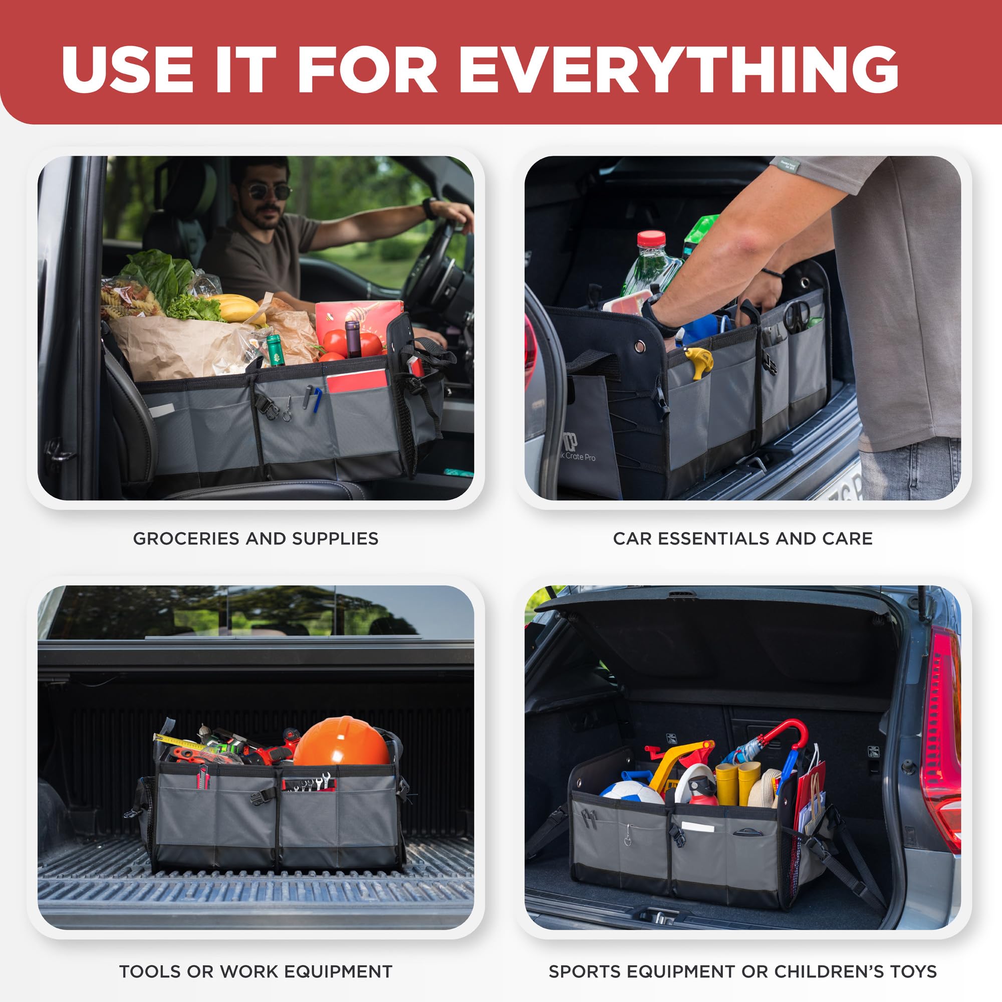 TRUNKCRATEPRO XL Heavy-Duty Trunk Organizer – Reinforced SUV & Truck Cargo Storage with 6 Adjustable Compartments, Non-Slip Base & Securing Straps (Foldable Design, Grey)