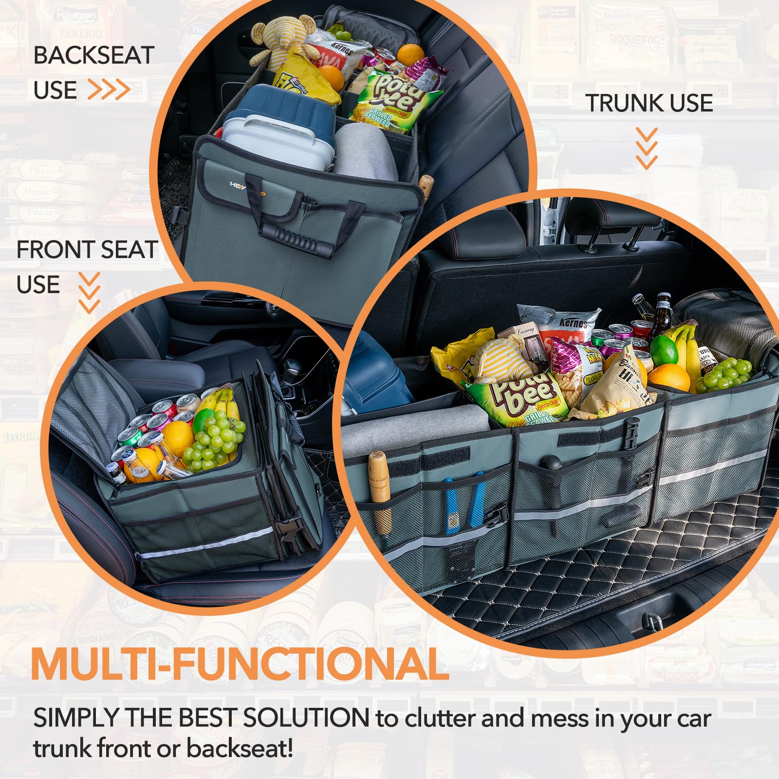 HEYTRIP Large Trunk Organizer With Built-in Leakproof Cooler Bag, 2 Tie-Down Straps, 4 Removable Dividers, Foldable Cover, Built with 2mm PE Board