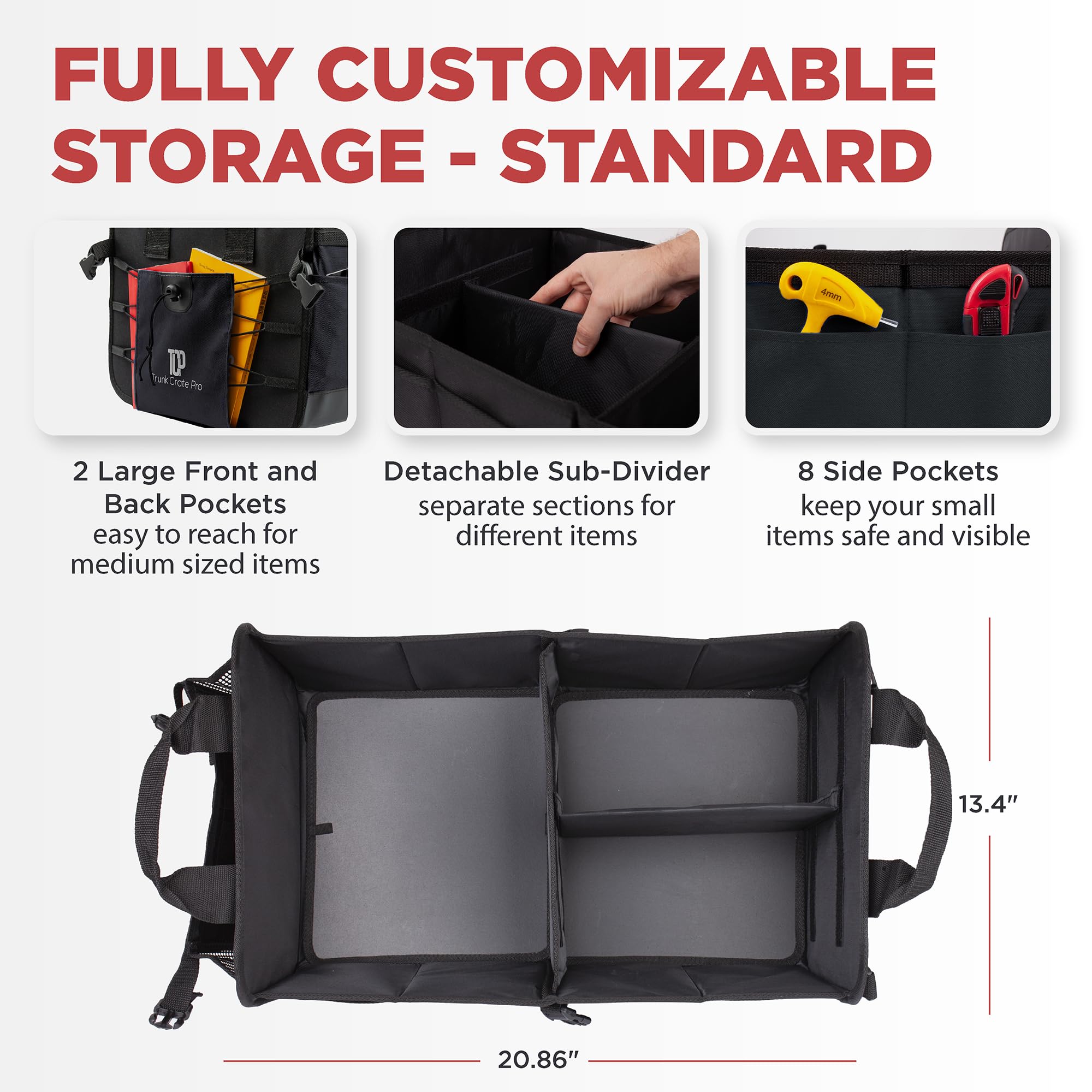 TRUNKCRATEPRO XL Heavy-Duty Trunk Organizer – Reinforced SUV & Truck Cargo Storage with 6 Adjustable Compartments, Non-Slip Base & Securing Straps (Foldable Design, Grey)