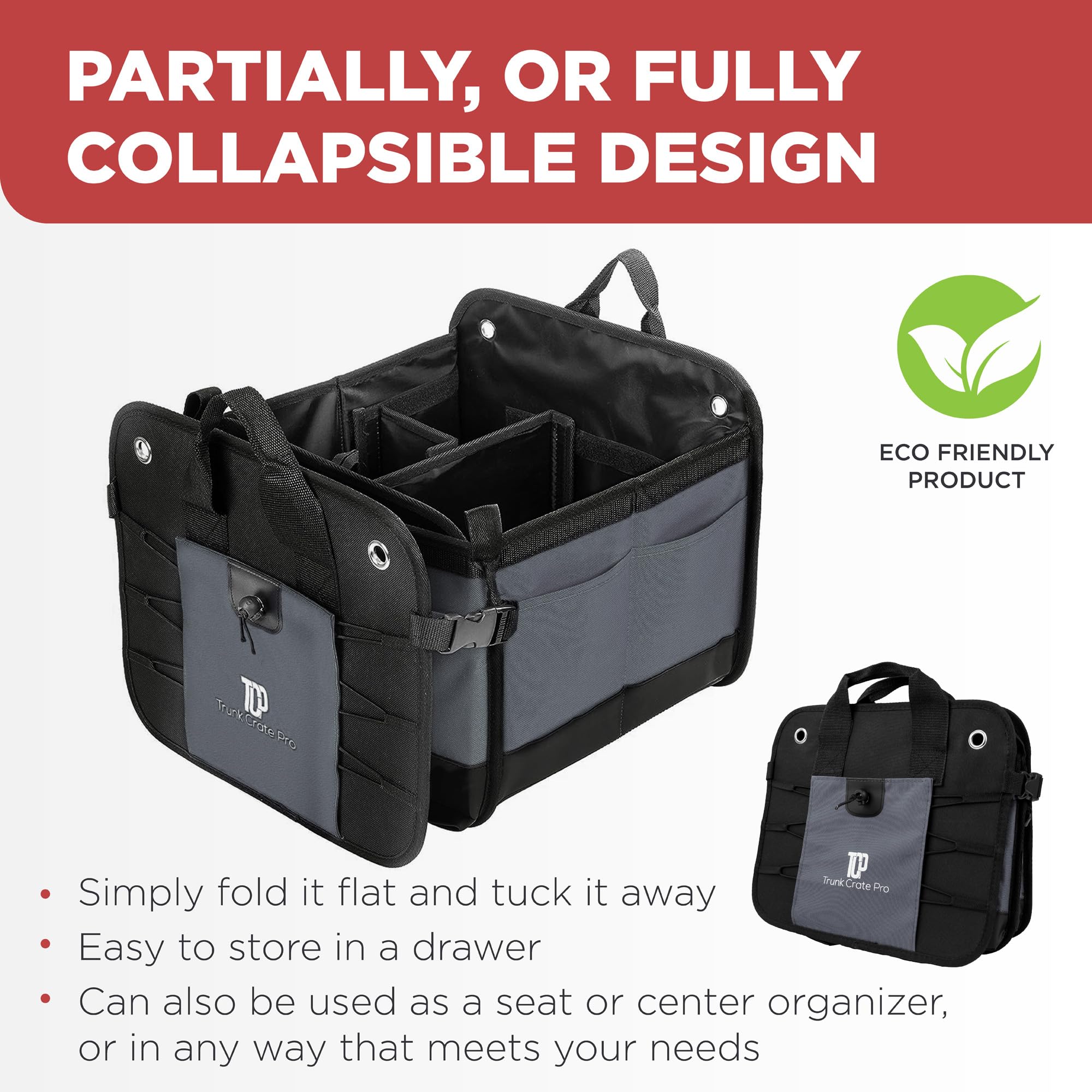 TRUNKCRATEPRO XL Heavy-Duty Trunk Organizer – Reinforced SUV & Truck Cargo Storage with 6 Adjustable Compartments, Non-Slip Base & Securing Straps (Foldable Design, Grey)