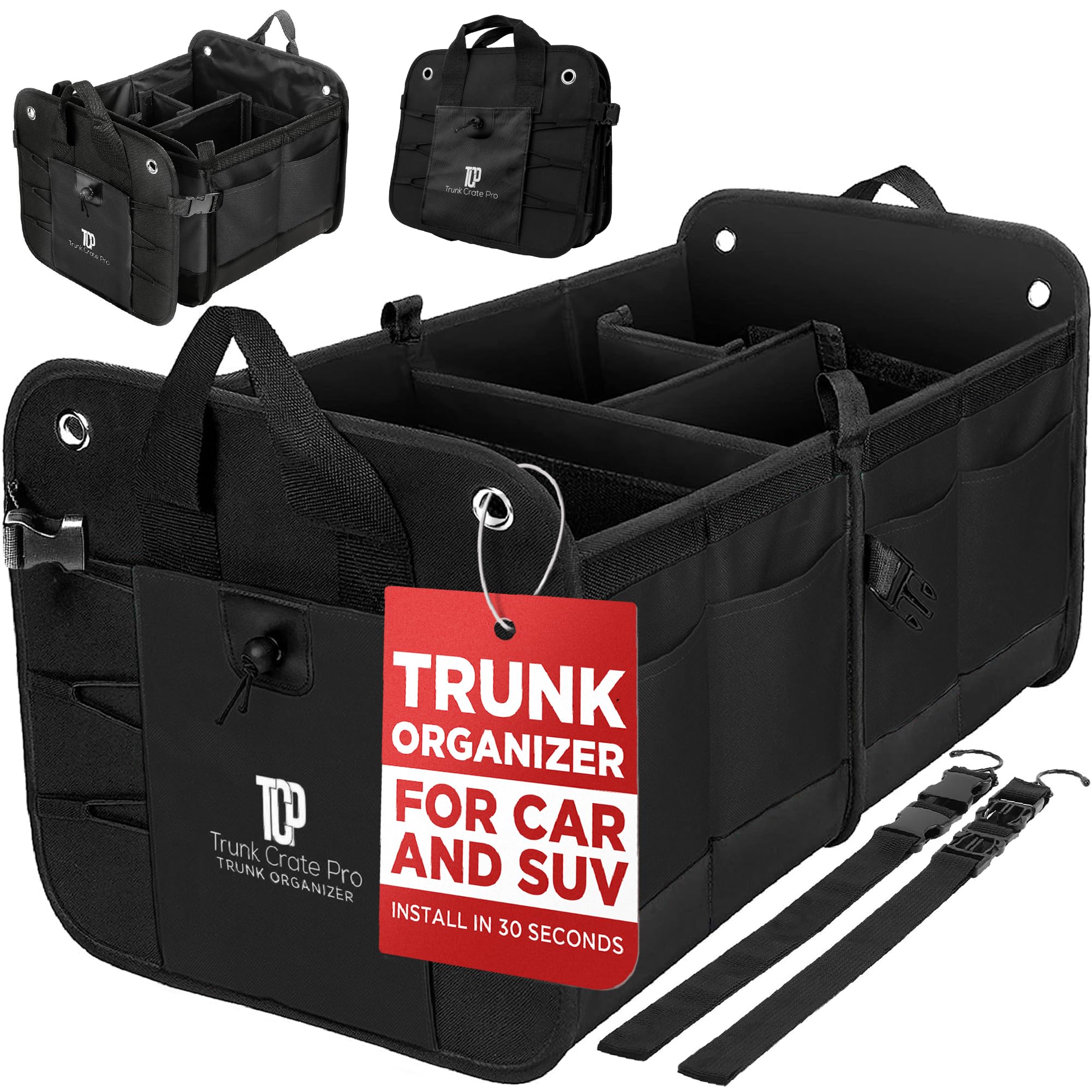 TRUNKCRATEPRO XL Heavy-Duty Trunk Organizer – Reinforced SUV & Truck Cargo Storage with 6 Adjustable Compartments, Non-Slip Base & Securing Straps (Foldable Design, Grey)