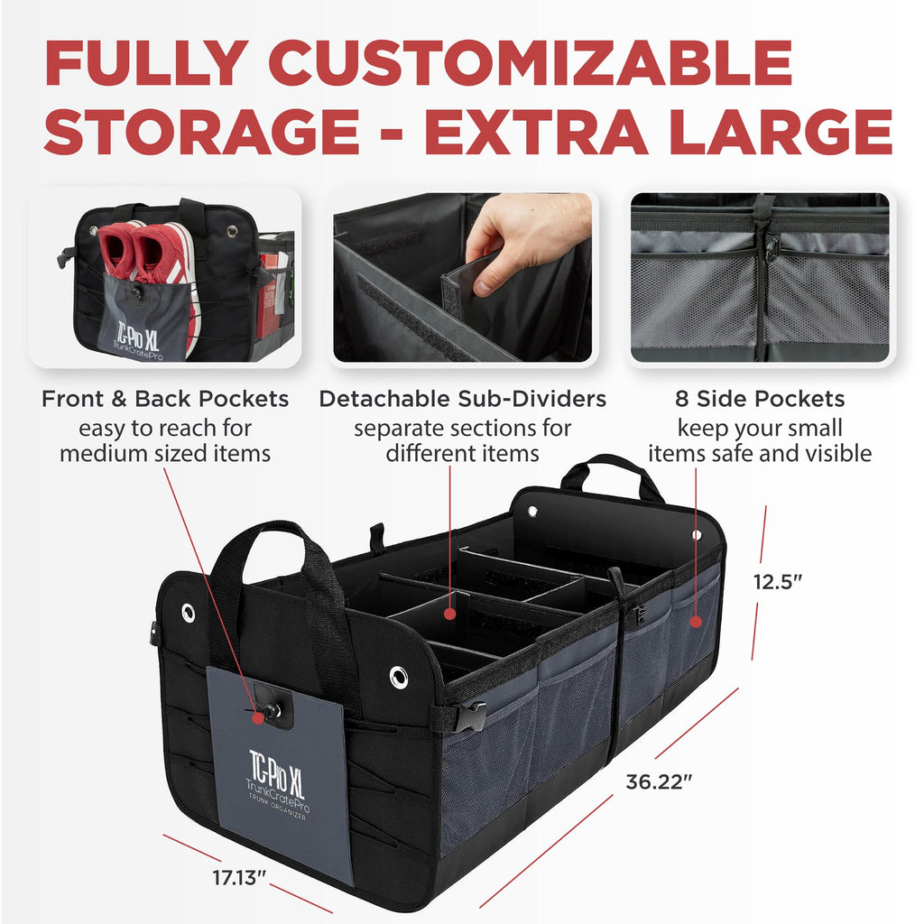 TRUNKCRATEPRO XL Heavy-Duty Trunk Organizer – Reinforced SUV & Truck Cargo Storage with 6 Adjustable Compartments, Non-Slip Base & Securing Straps (Foldable Design, Grey)