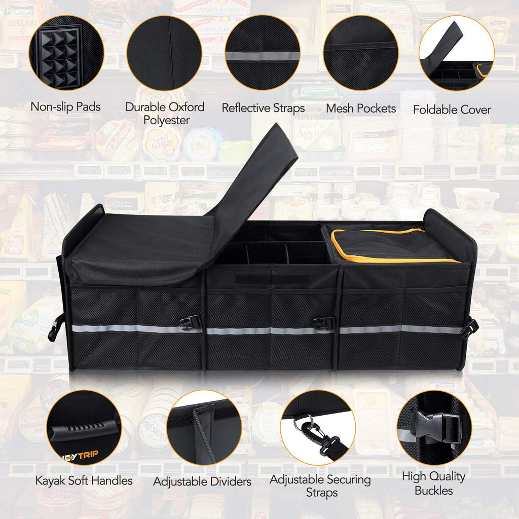 HEYTRIP Large Trunk Organizer With Built-in Leakproof Cooler Bag, 2 Tie-Down Straps, 4 Removable Dividers, Foldable Cover, Built with 2mm PE Board